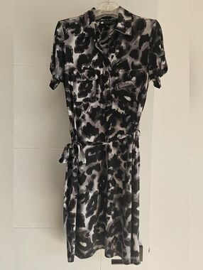 Carole Little sz 6 Career Belted Collared Dress S/M Short Slv Animal Print